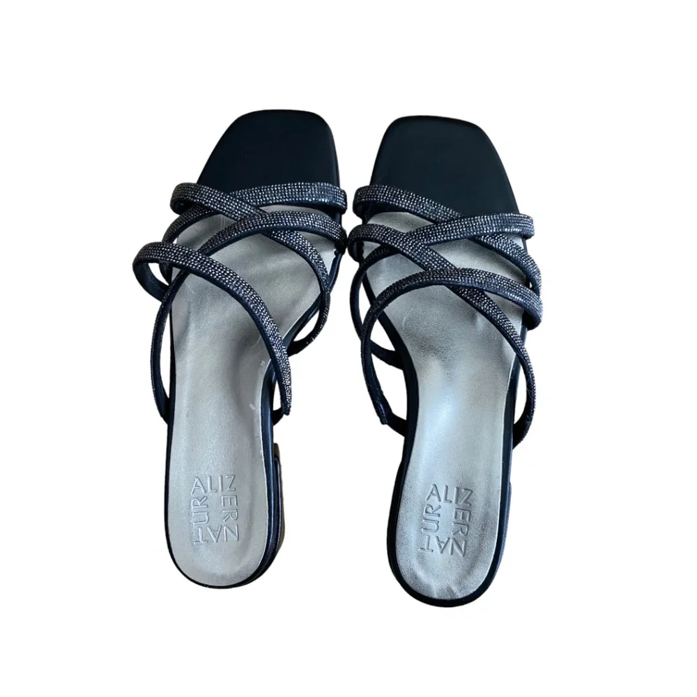 Naturalizer Black Strappy Slide Sandals with Sparkle Detail